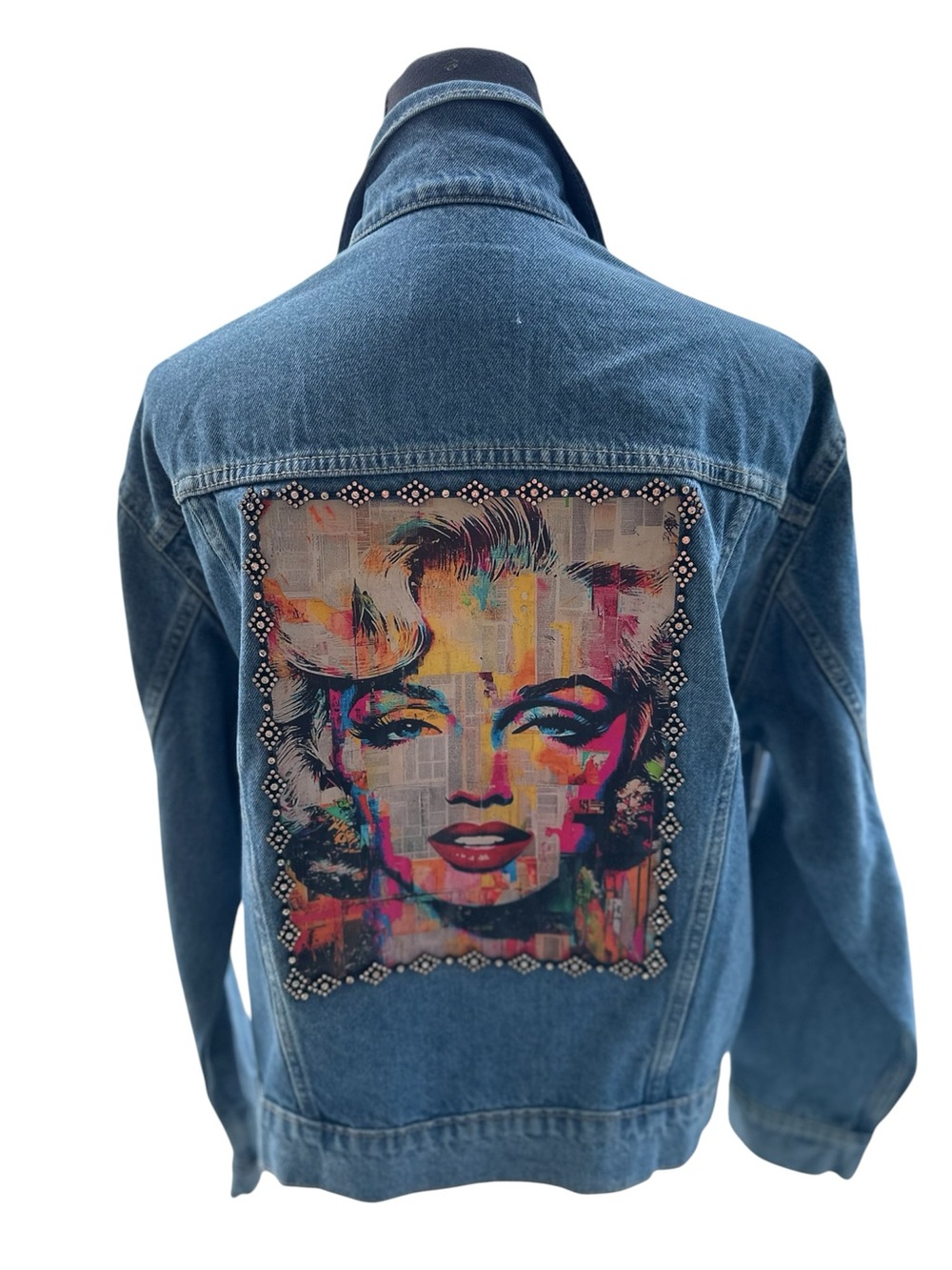 Custom made one of a kind re-purposed denim jacket with Marilyn Monroe pop art